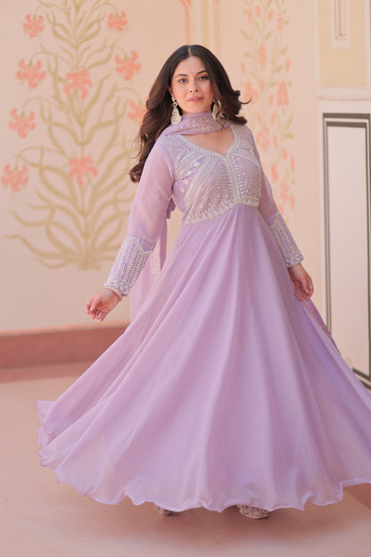 Lorenvalley Fashion Lavender Star Georgette With Rich Sequins Coding & Beads Embroidered work Gown with Dupatta
