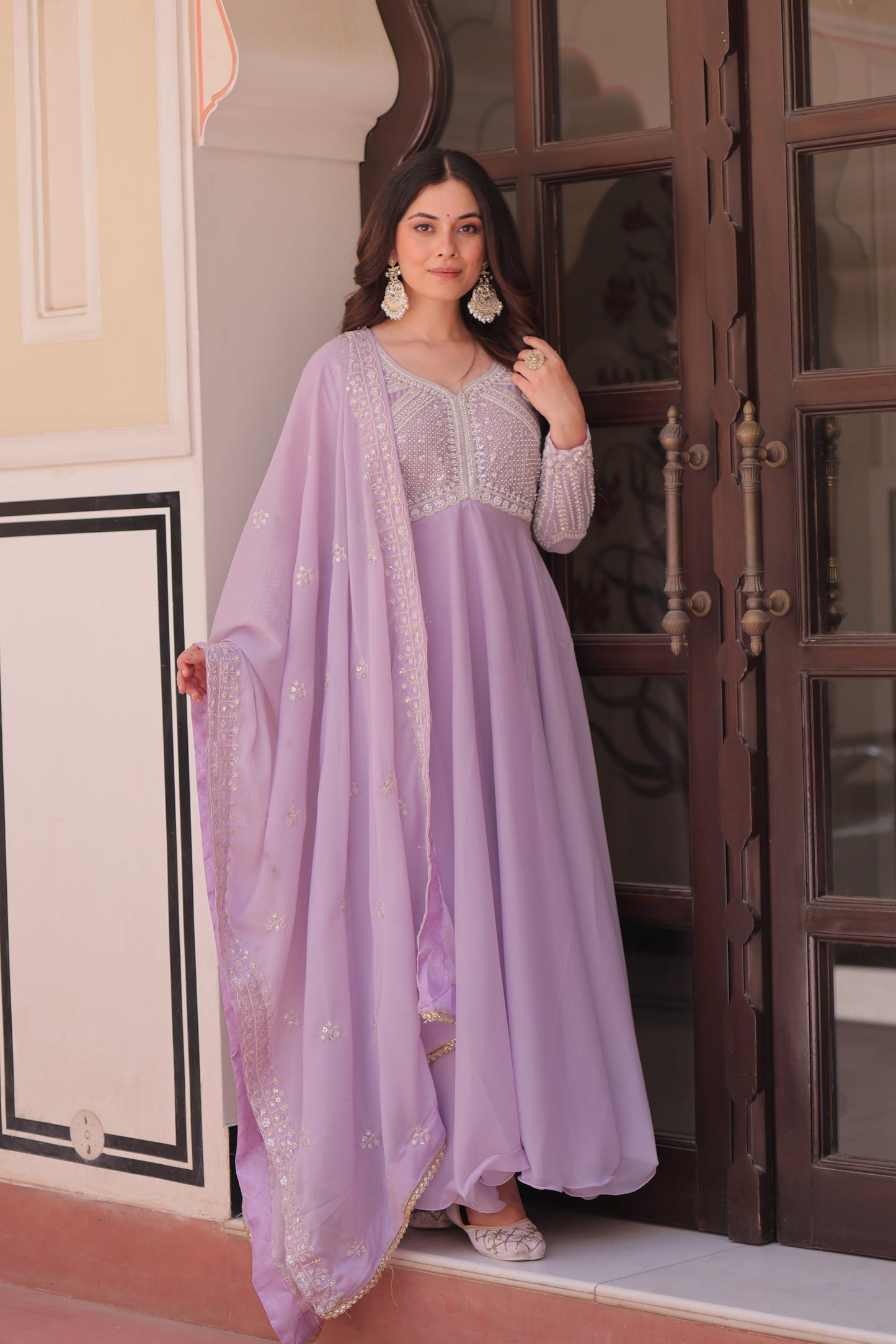 Lorenvalley Fashion Lavender Star Georgette With Rich Sequins Coding & Beads Embroidered work Gown with Dupatta
