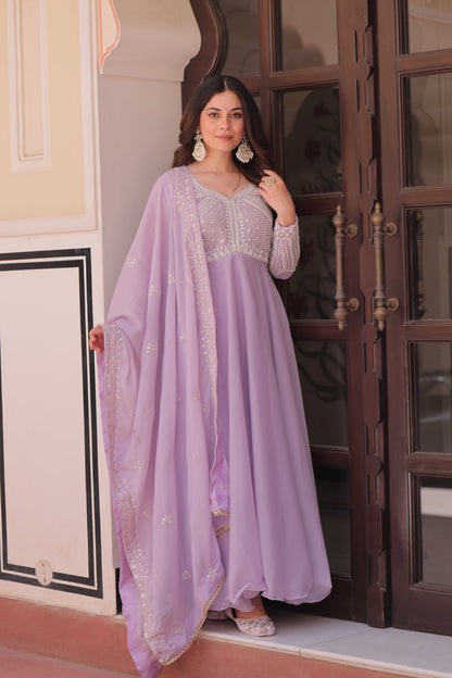 Lorenvalley Fashion Lavender Star Georgette With Rich Sequins Coding & Beads Embroidered work Gown with Dupatta
