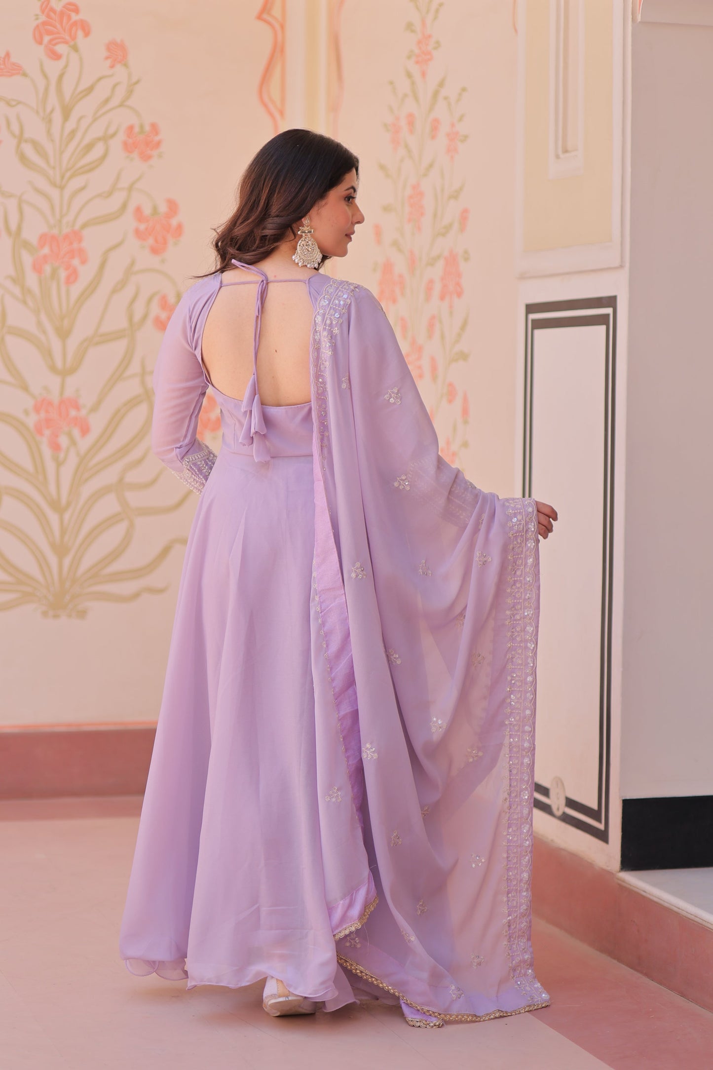 Lorenvalley Fashion Lavender Star Georgette With Rich Sequins Coding & Beads Embroidered work Gown with Dupatta