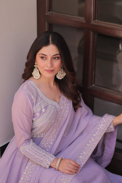 Lorenvalley Fashion Lavender Star Georgette With Rich Sequins Coding & Beads Embroidered work Gown with Dupatta