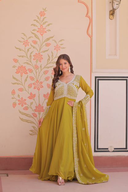 Lorenvalley Fashion Mehendi Star Georgette With Rich Sequins Coding & Beads Embroidered work Gown with Dupatta