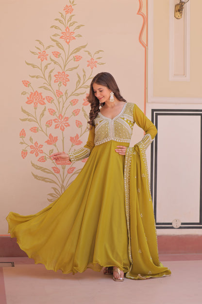 Lorenvalley Fashion Mehendi Star Georgette With Rich Sequins Coding & Beads Embroidered work Gown with Dupatta