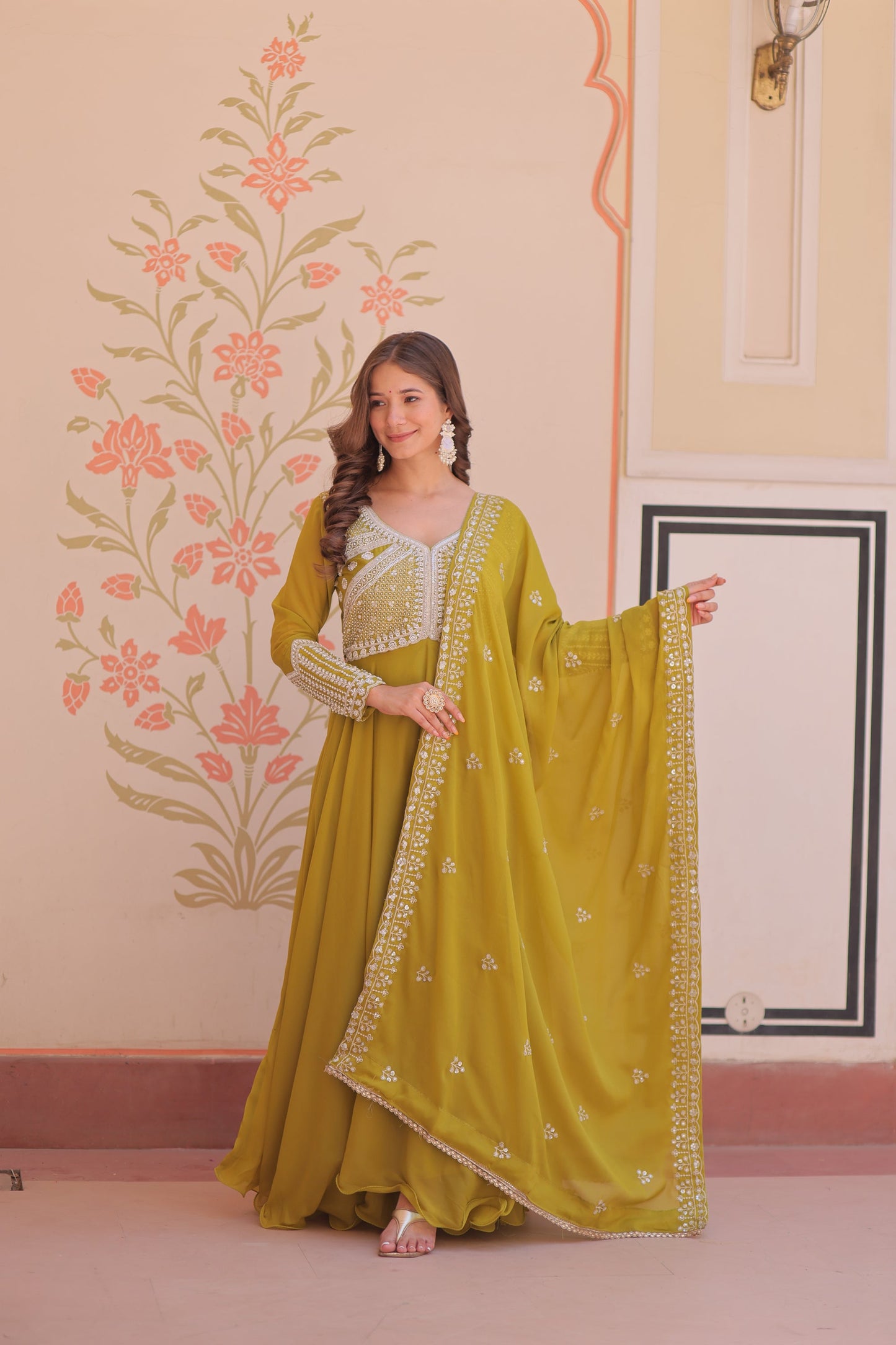 Lorenvalley Fashion Mehendi Star Georgette With Rich Sequins Coding & Beads Embroidered work Gown with Dupatta