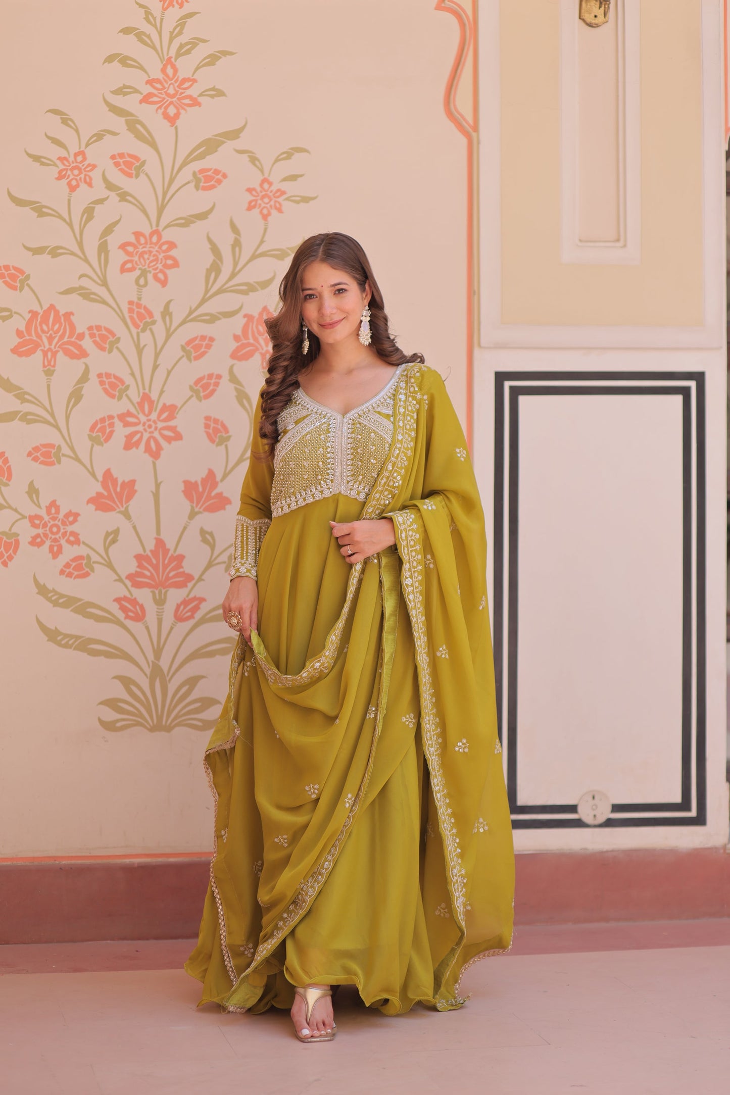 Lorenvalley Fashion Mehendi Star Georgette With Rich Sequins Coding & Beads Embroidered work Gown with Dupatta