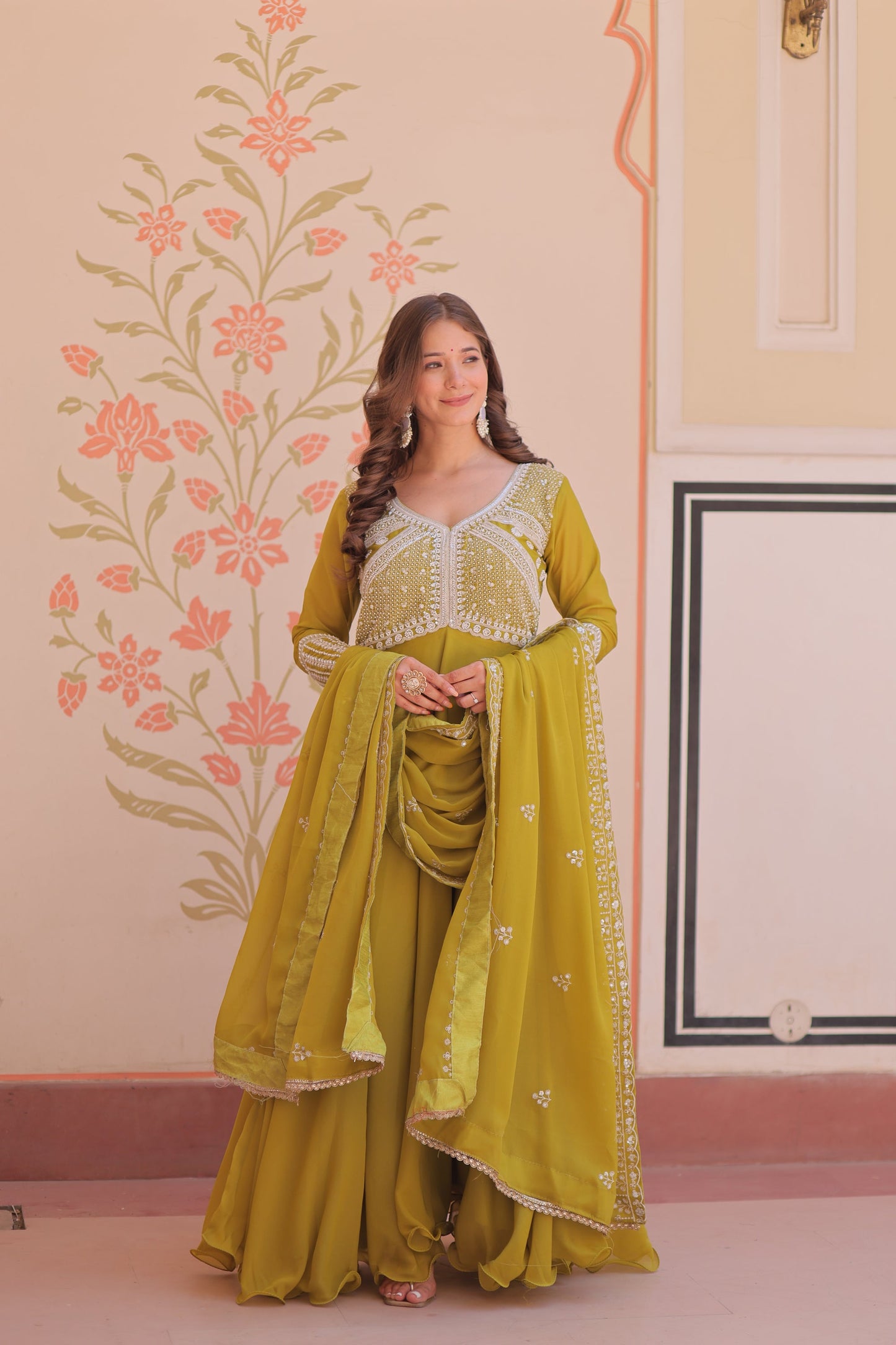 Lorenvalley Fashion Mehendi Star Georgette With Rich Sequins Coding & Beads Embroidered work Gown with Dupatta