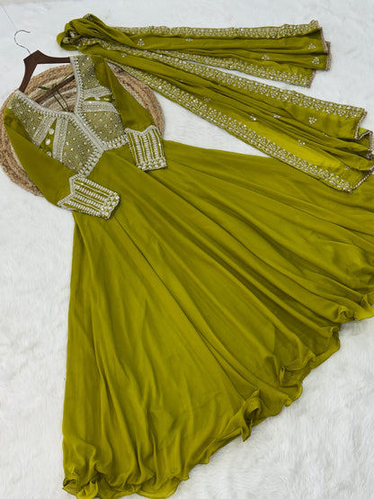 Lorenvalley Fashion Mehendi Star Georgette With Rich Sequins Coding & Beads Embroidered work Gown with Dupatta