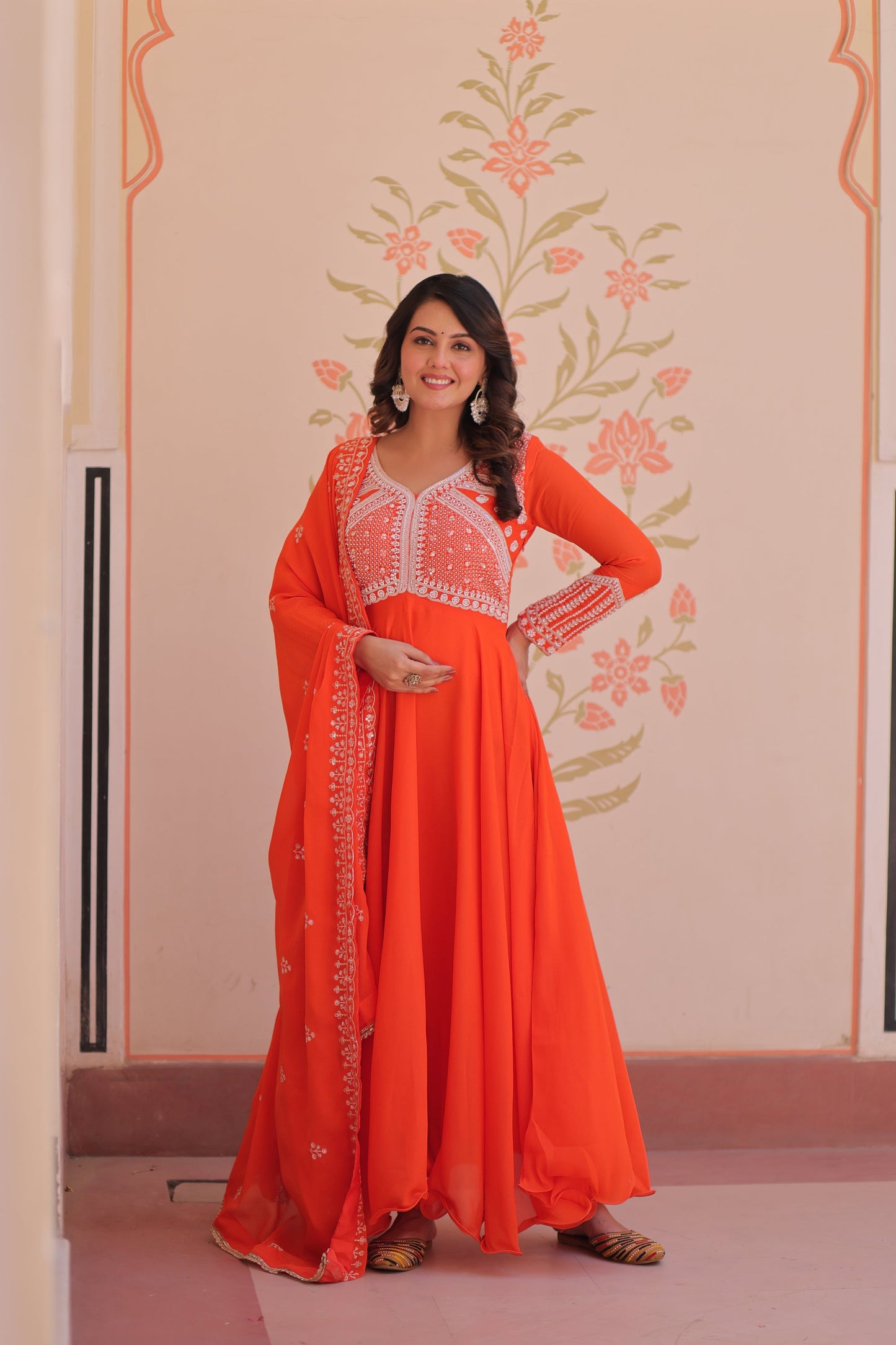 Lorenvalley Fashion Orange Star Georgette With Rich Sequins Coding & Beads Embroidered work Gown with Dupatta