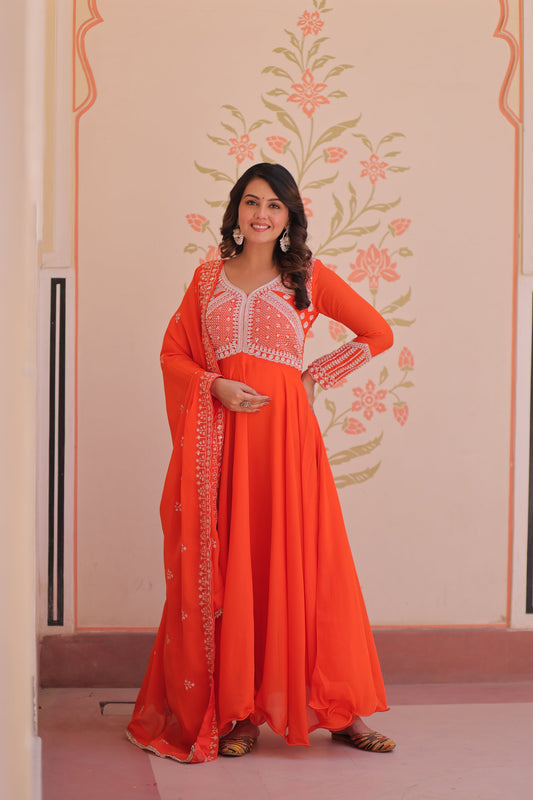 Lorenvalley Fashion Orange Star Georgette With Rich Sequins Coding & Beads Embroidered work Gown with Dupatta