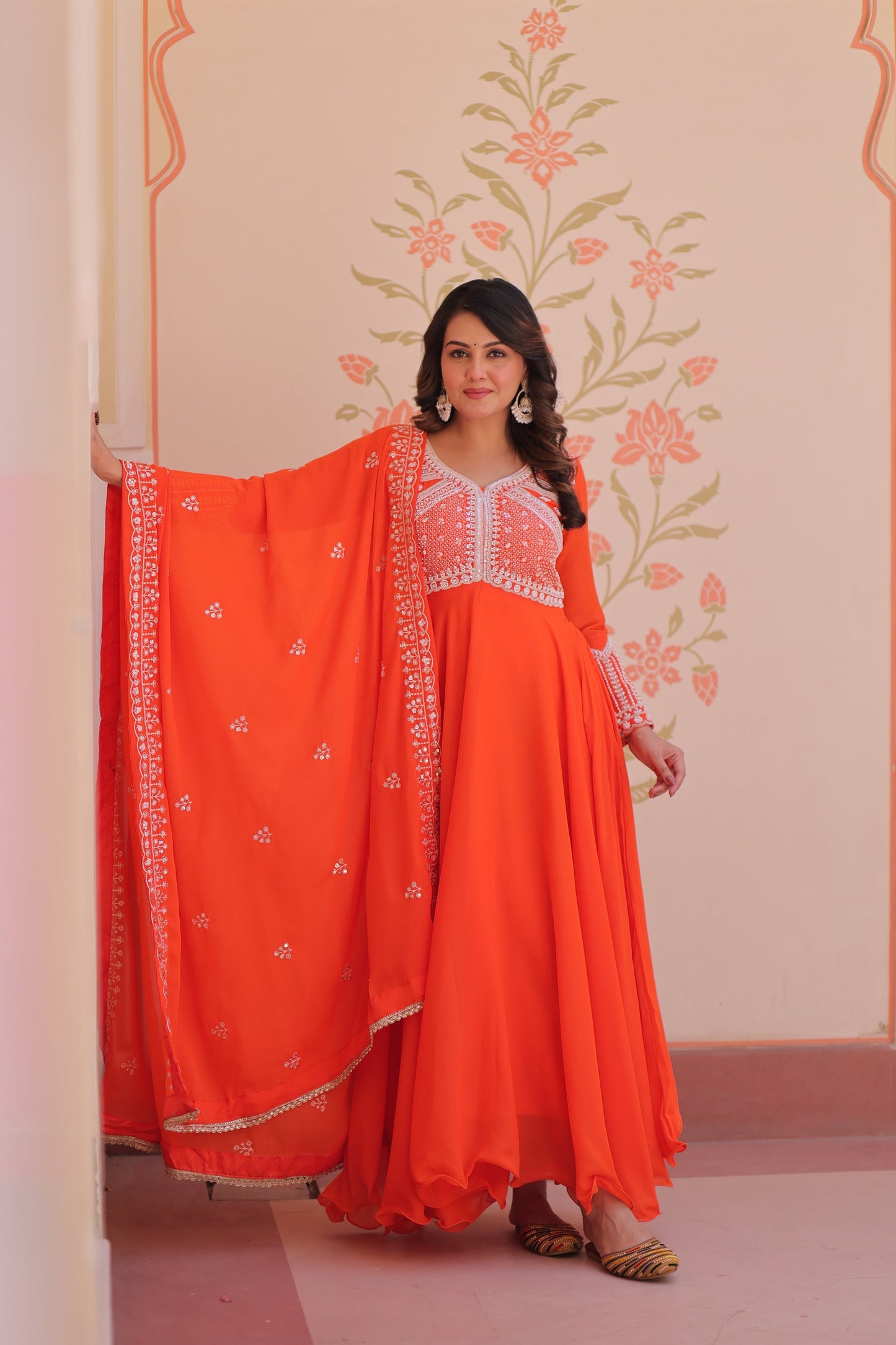 Lorenvalley Fashion Orange Star Georgette With Rich Sequins Coding & Beads Embroidered work Gown with Dupatta