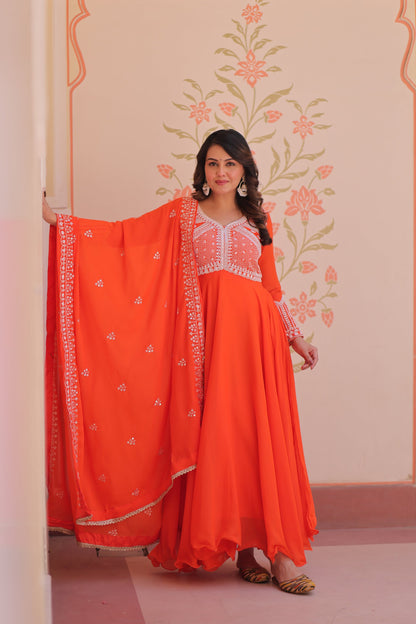 Lorenvalley Fashion Orange Star Georgette With Rich Sequins Coding & Beads Embroidered work Gown with Dupatta