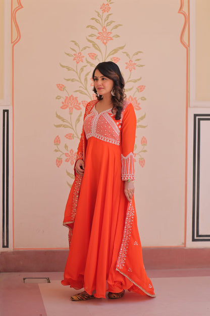Lorenvalley Fashion Orange Star Georgette With Rich Sequins Coding & Beads Embroidered work Gown with Dupatta