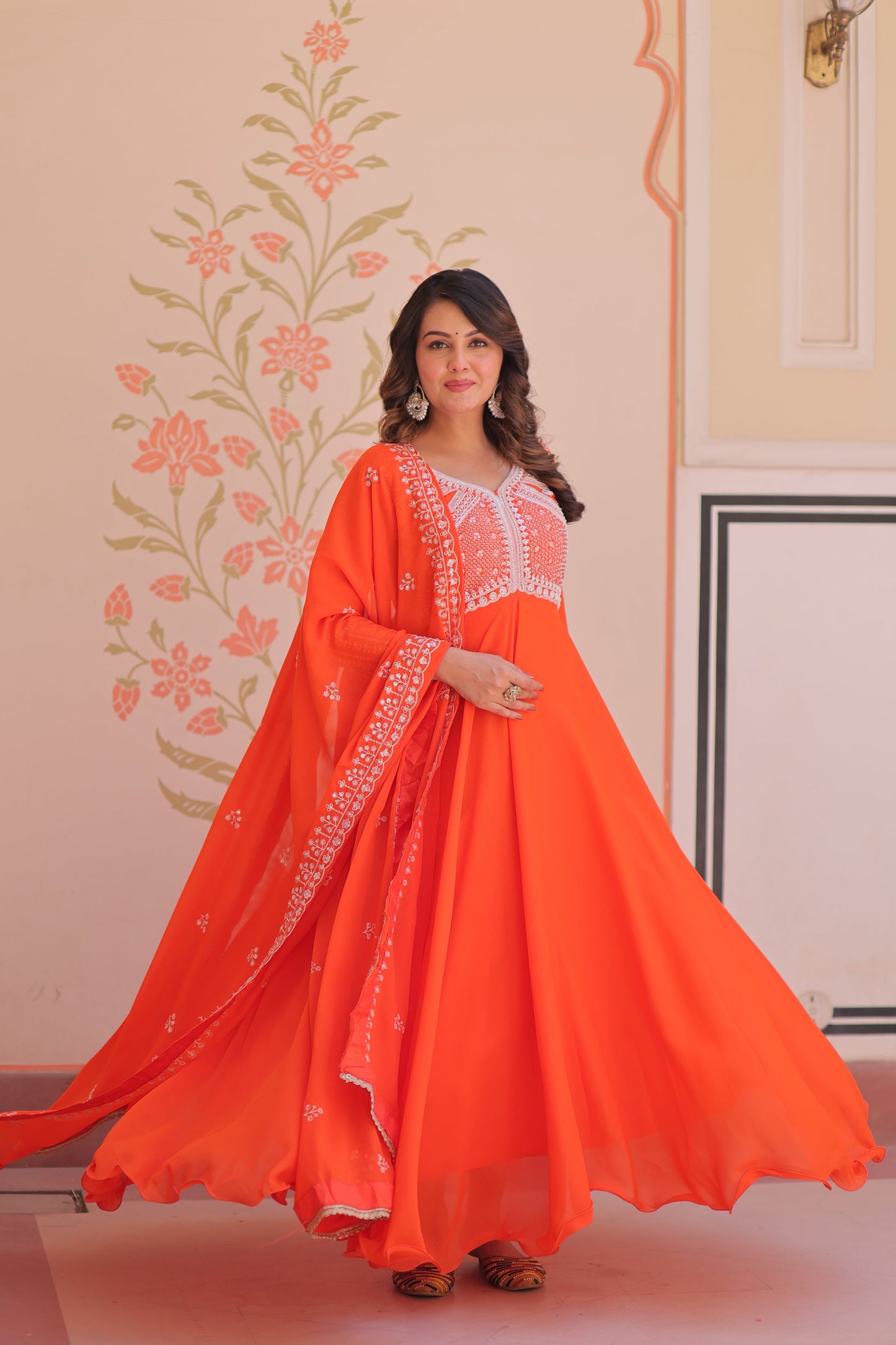 Lorenvalley Fashion Orange Star Georgette With Rich Sequins Coding & Beads Embroidered work Gown with Dupatta