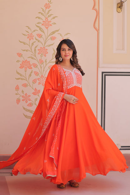 Lorenvalley Fashion Orange Star Georgette With Rich Sequins Coding & Beads Embroidered work Gown with Dupatta