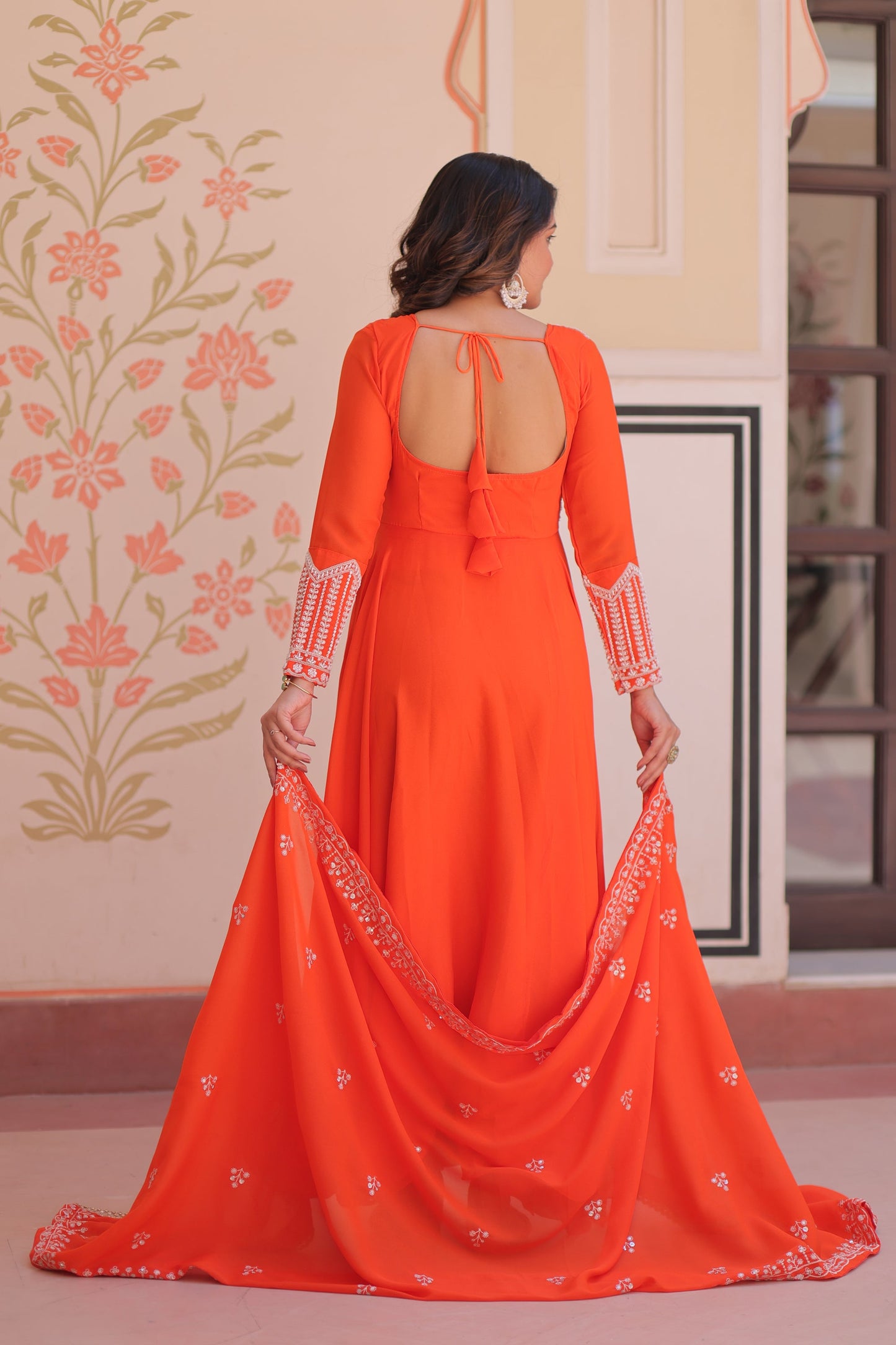 Lorenvalley Fashion Orange Star Georgette With Rich Sequins Coding & Beads Embroidered work Gown with Dupatta