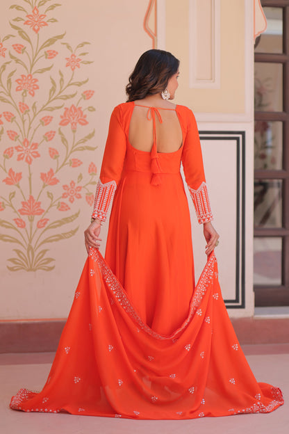 Lorenvalley Fashion Orange Star Georgette With Rich Sequins Coding & Beads Embroidered work Gown with Dupatta
