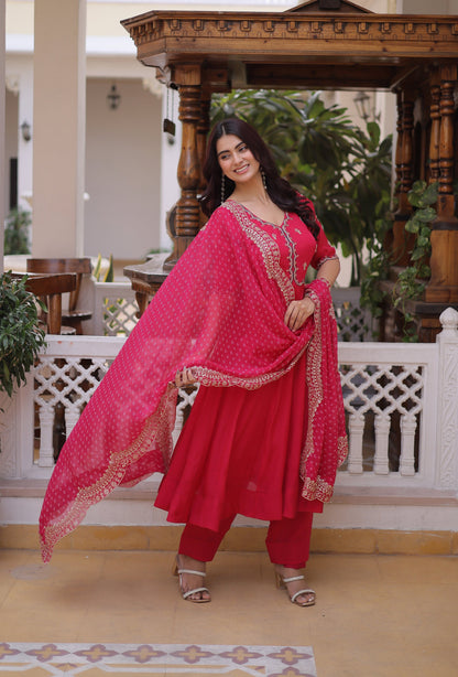 Lorenvalley Fashion Pink Mul Chanderi with Beads Thread Embroidered work Kurta Pant with Dupatta