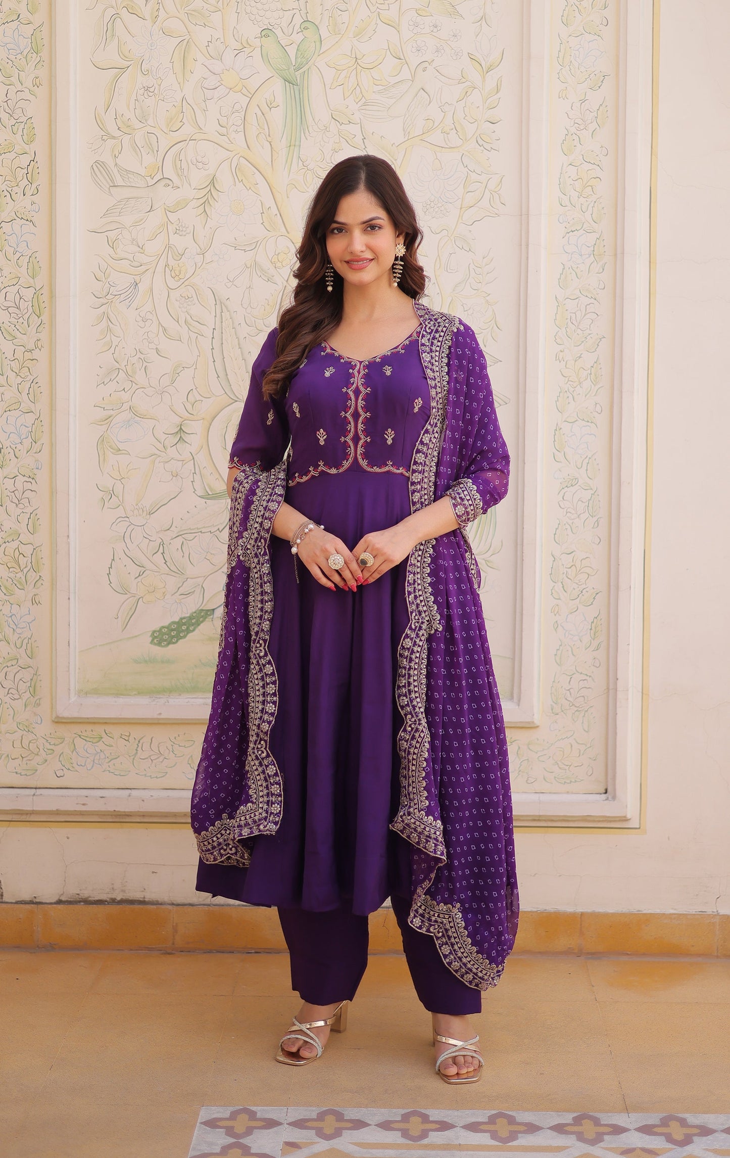 Lorenvalley Fashion Purple Mul Chanderi with Beads Thread Embroidered work Kurta Pant with Dupatta