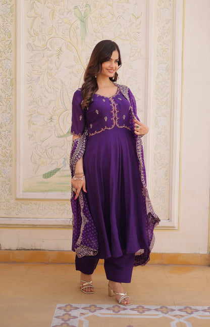 Lorenvalley Fashion Purple Mul Chanderi with Beads Thread Embroidered work Kurta Pant with Dupatta