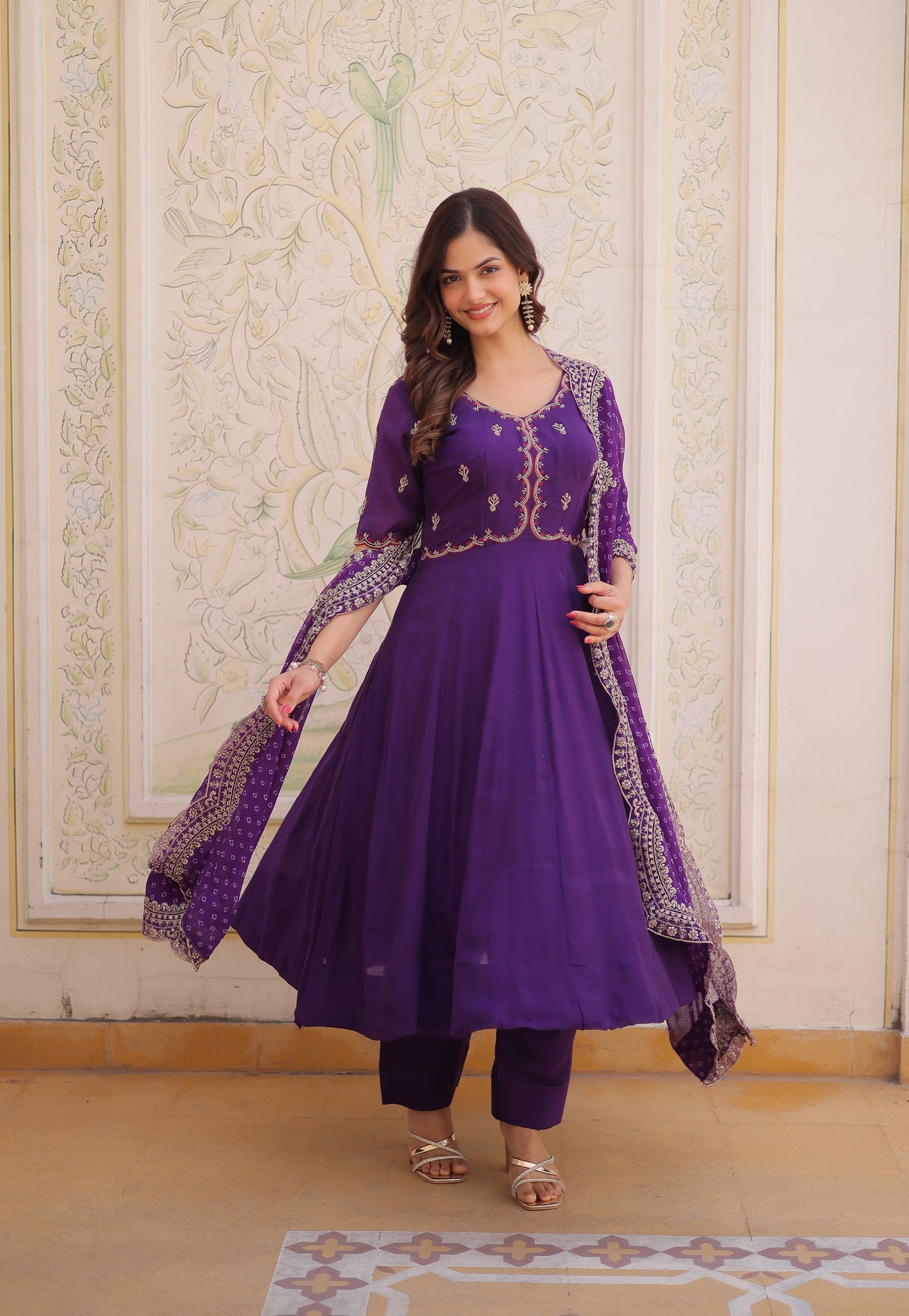 Lorenvalley Fashion Purple Mul Chanderi with Beads Thread Embroidered work Kurta Pant with Dupatta