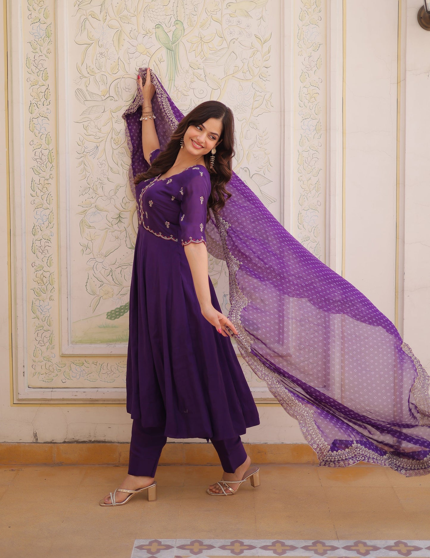 Lorenvalley Fashion Purple Mul Chanderi with Beads Thread Embroidered work Kurta Pant with Dupatta