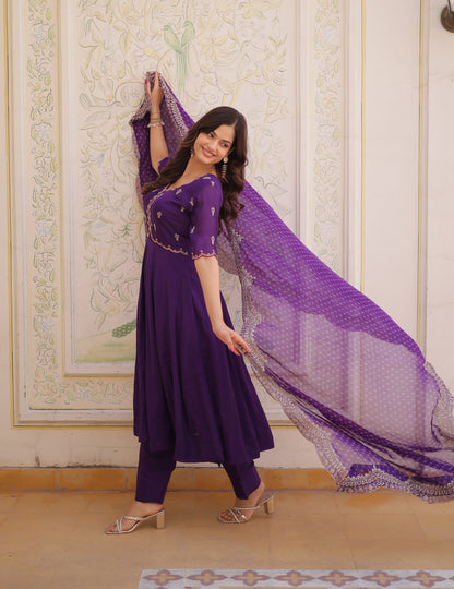 Lorenvalley Fashion Purple Mul Chanderi with Beads Thread Embroidered work Kurta Pant with Dupatta