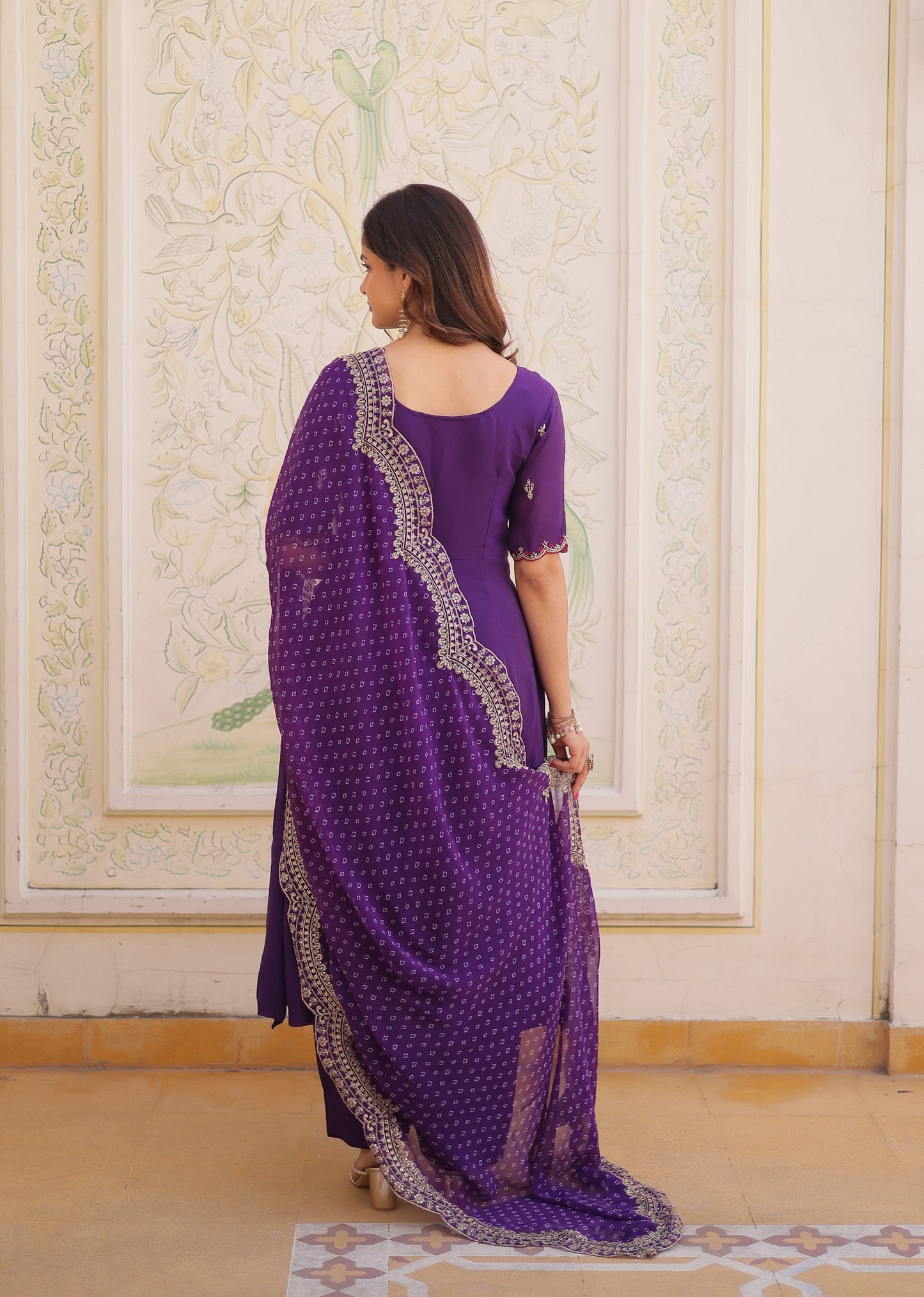 Lorenvalley Fashion Purple Mul Chanderi with Beads Thread Embroidered work Kurta Pant with Dupatta