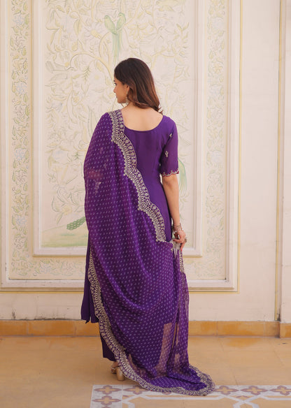 Lorenvalley Fashion Purple Mul Chanderi with Beads Thread Embroidered work Kurta Pant with Dupatta