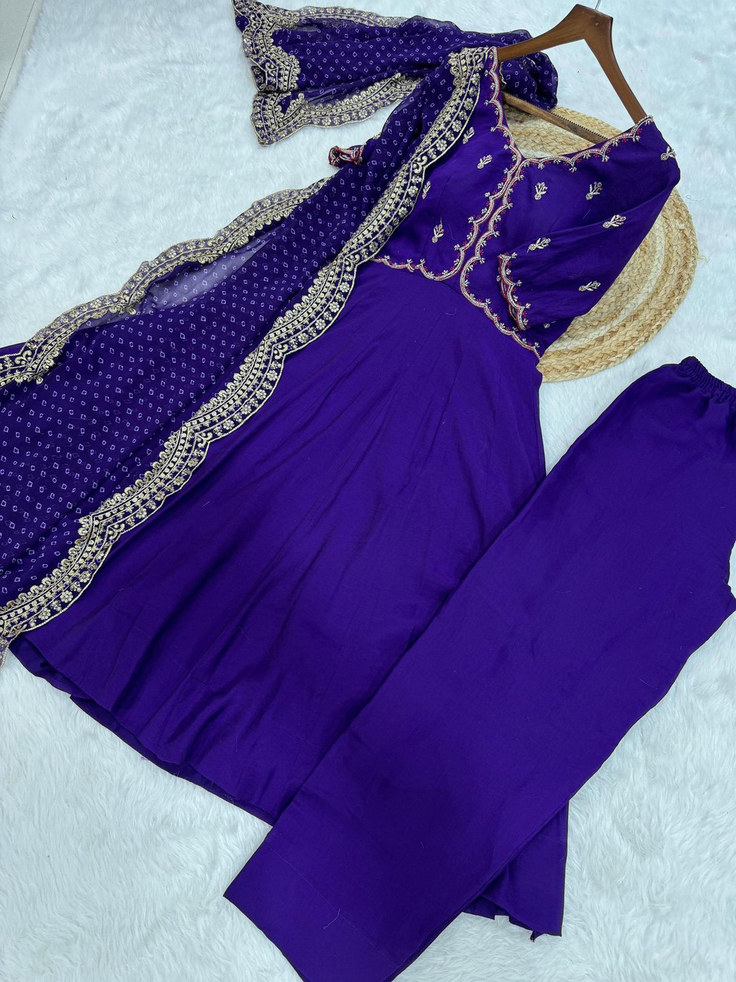 Lorenvalley Fashion Purple Mul Chanderi with Beads Thread Embroidered work Kurta Pant with Dupatta