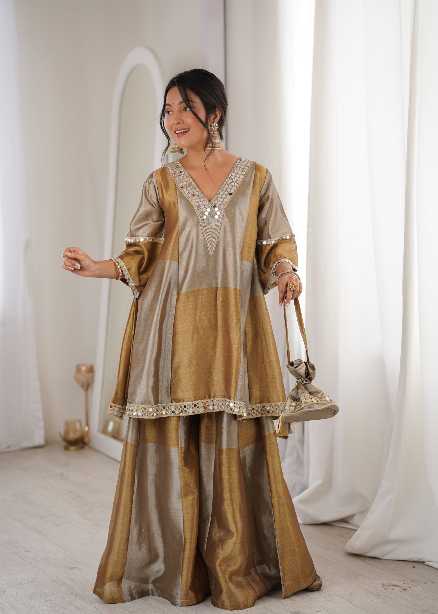 Lorenvalley Fashion Two-tone Tissue Fabric with Coding Embroidered & mirror work Lace Kurta Palazzo with Batwa