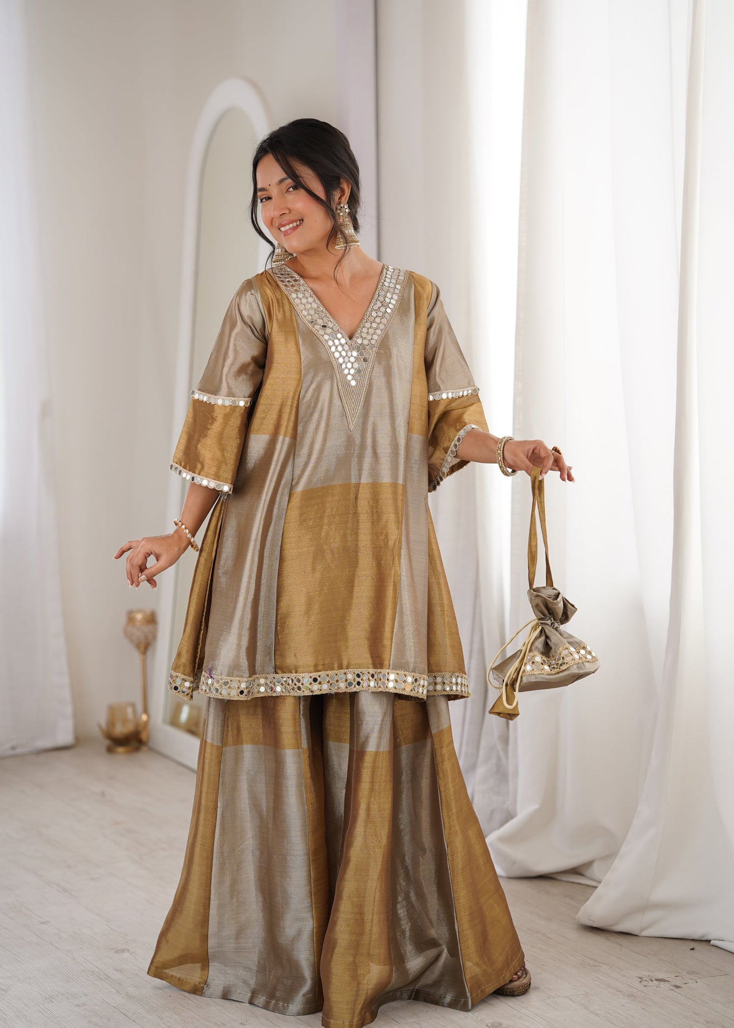Lorenvalley Fashion Two-tone Tissue Fabric with Coding Embroidered & mirror work Lace Kurta Palazzo with Batwa