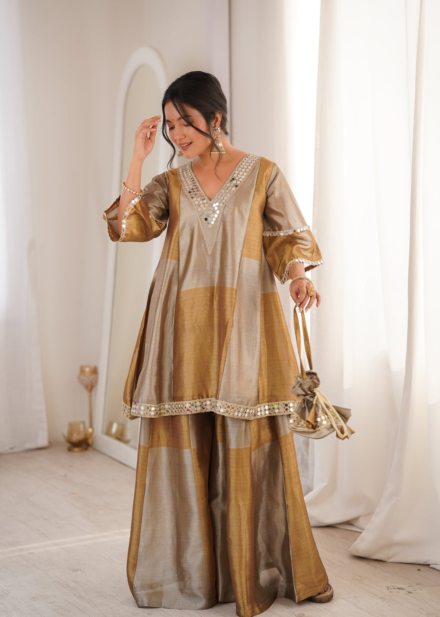 Lorenvalley Fashion Two-tone Tissue Fabric with Coding Embroidered & mirror work Lace Kurta Palazzo with Batwa