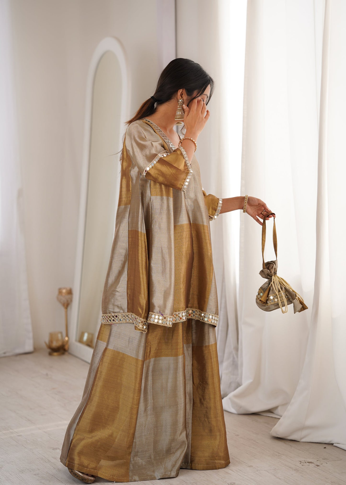 Lorenvalley Fashion Two-tone Tissue Fabric with Coding Embroidered & mirror work Lace Kurta Palazzo with Batwa