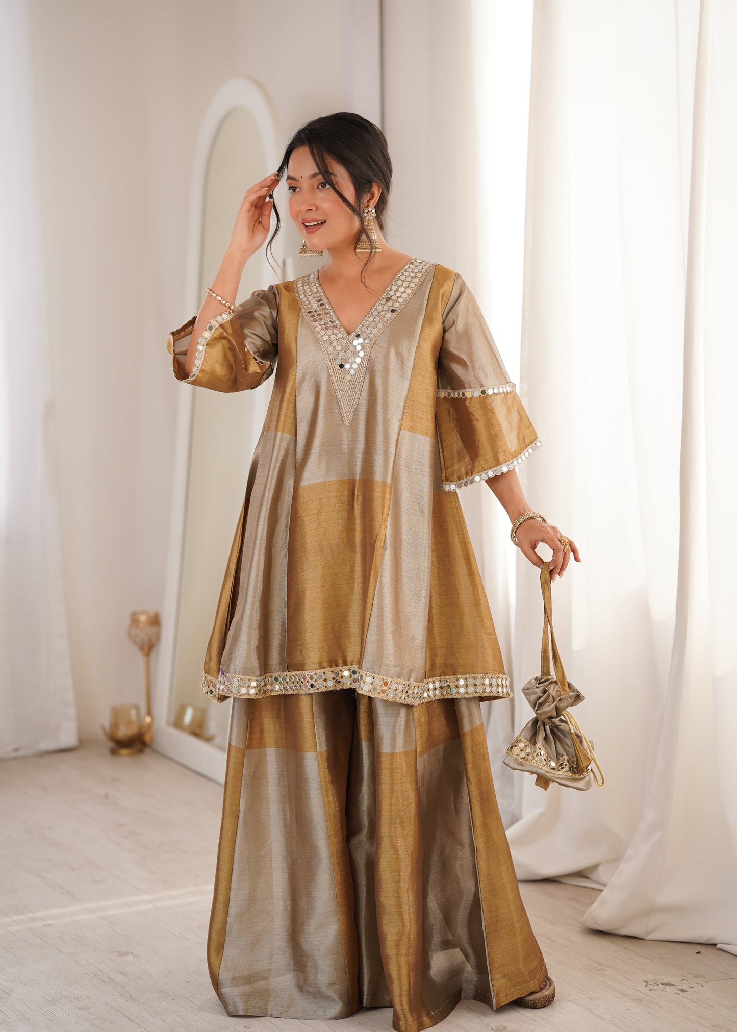 Lorenvalley Fashion Two-tone Tissue Fabric with Coding Embroidered & mirror work Lace Kurta Palazzo with Batwa