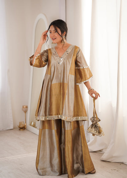 Lorenvalley Fashion Two-tone Tissue Fabric with Coding Embroidered & mirror work Lace Kurta Palazzo with Batwa