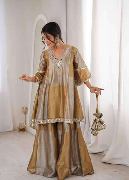 Lorenvalley Fashion Two-tone Tissue Fabric with Coding Embroidered & mirror work Lace Kurta Palazzo with Batwa