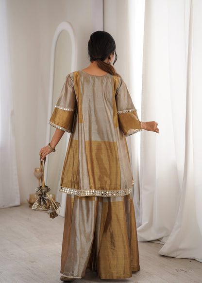 Lorenvalley Fashion Two-tone Tissue Fabric with Coding Embroidered & mirror work Lace Kurta Palazzo with Batwa