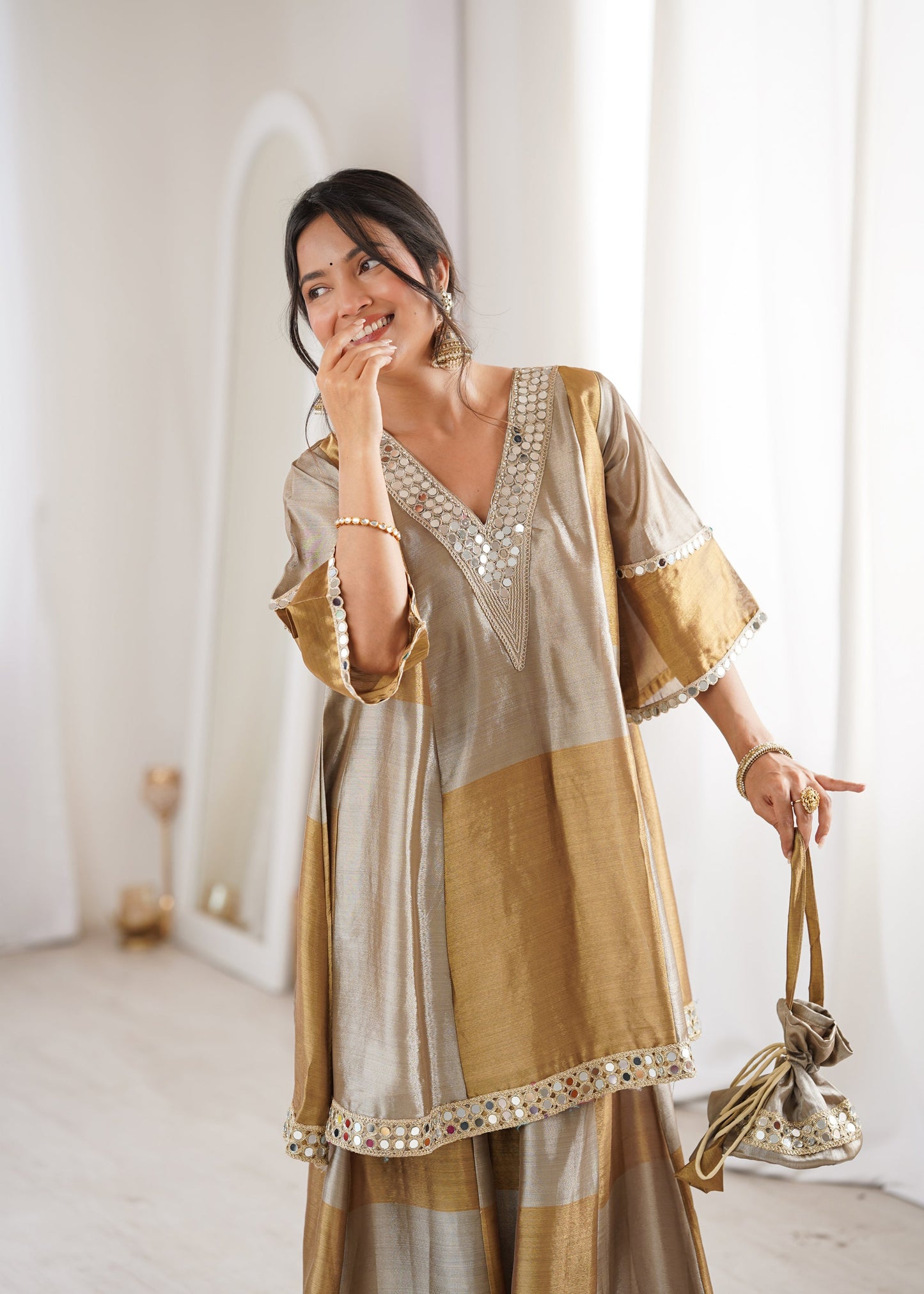 Lorenvalley Fashion Two-tone Tissue Fabric with Coding Embroidered & mirror work Lace Kurta Palazzo with Batwa