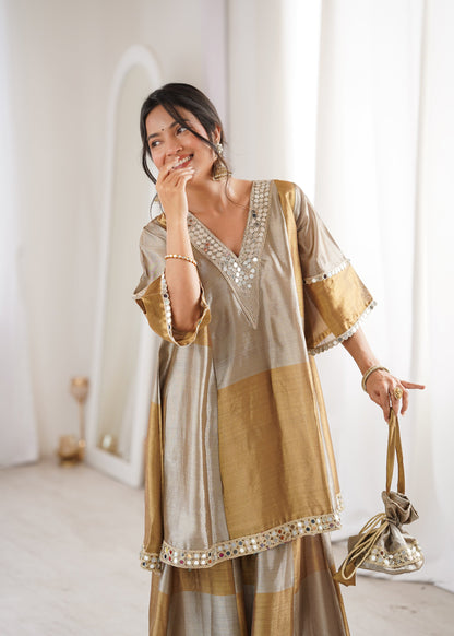 Lorenvalley Fashion Two-tone Tissue Fabric with Coding Embroidered & mirror work Lace Kurta Palazzo with Batwa