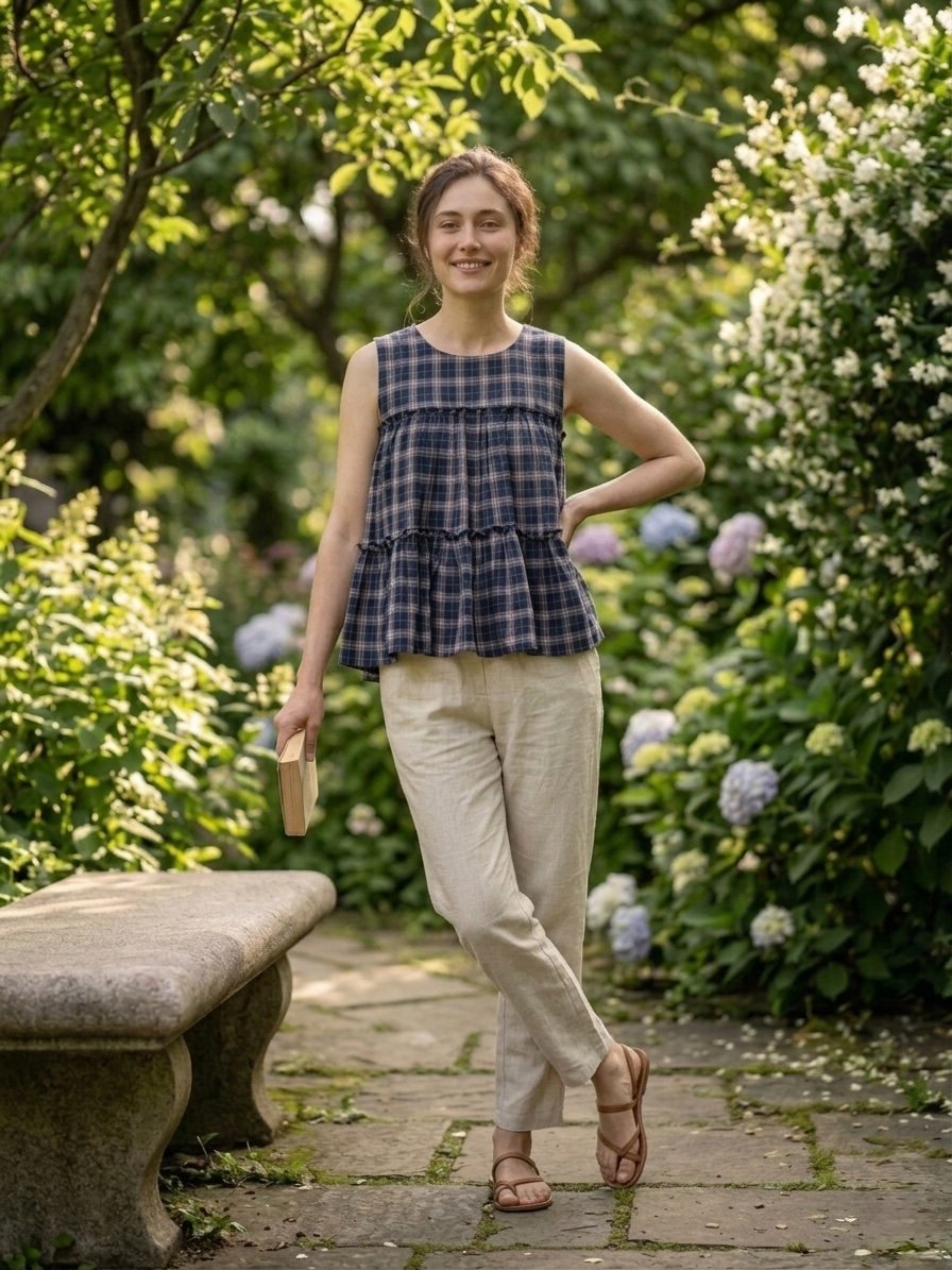 Lorenvalley Fashion Blue Checks Linen Cotton Top Bottom Set