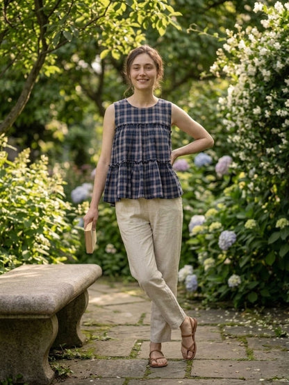 Lorenvalley Fashion Blue Checks Linen Cotton Top Bottom Set