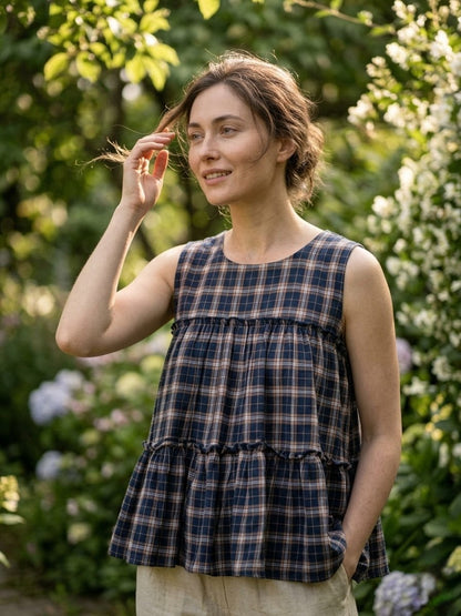 Lorenvalley Fashion Blue Checks Linen Cotton Top Bottom Set