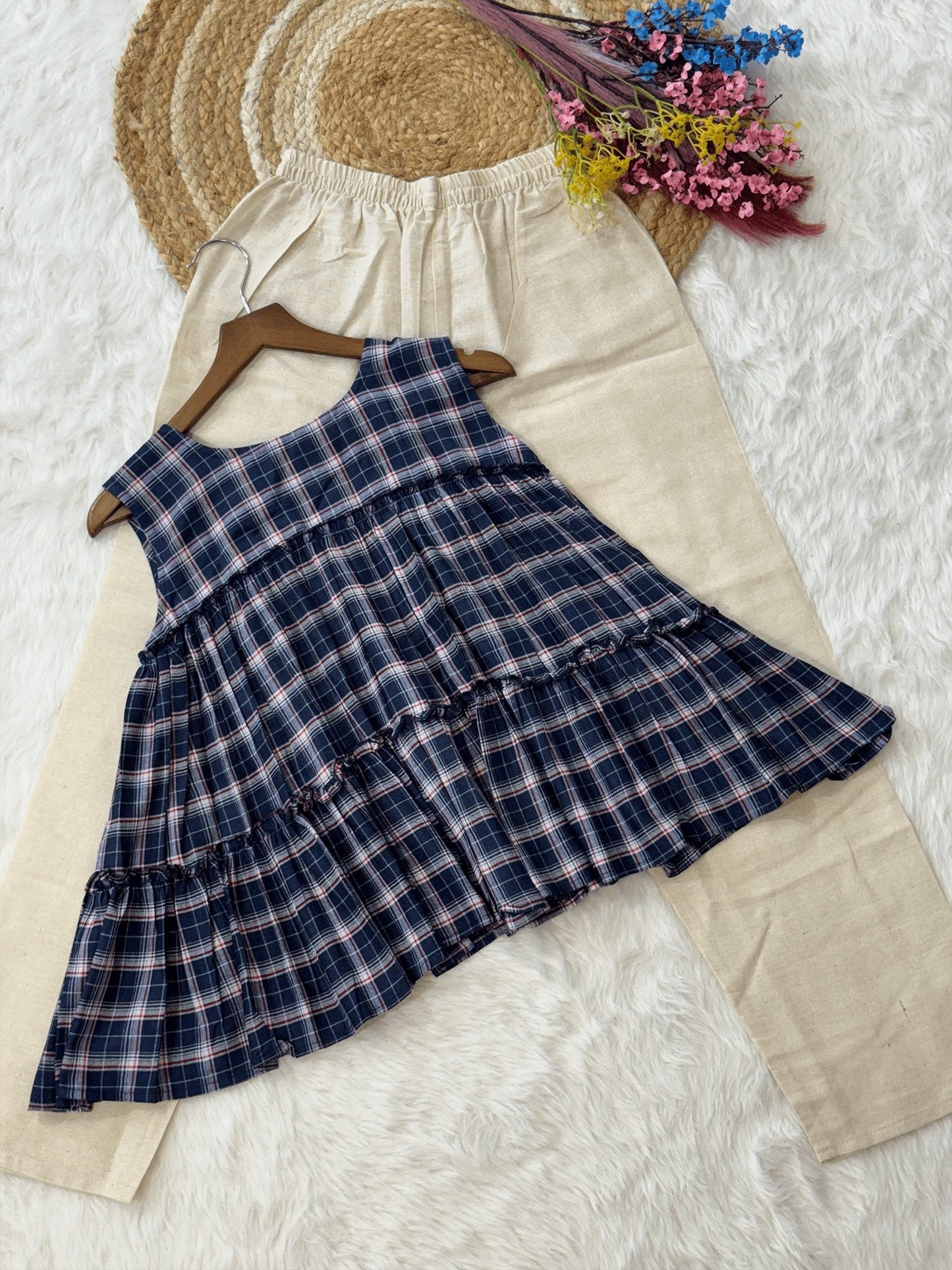 Lorenvalley Fashion Blue Checks Linen Cotton Top Bottom Set