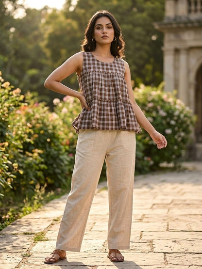 Lorenvalley Fashion Coffee Checks Linen Cotton Top Bottom Set