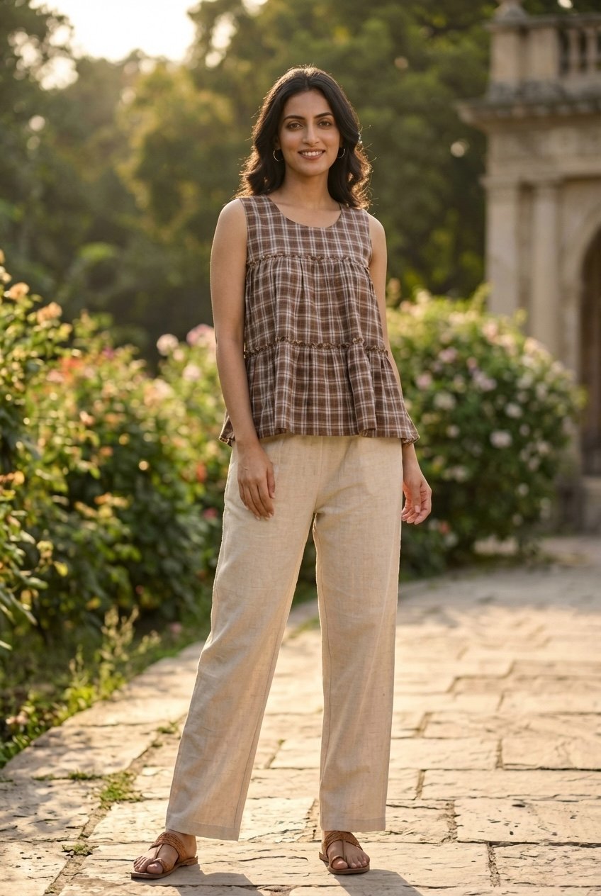 Lorenvalley Fashion Coffee Checks Linen Cotton Top Bottom Set