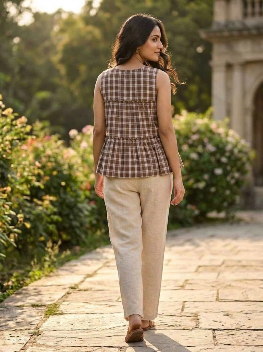 Lorenvalley Fashion Coffee Checks Linen Cotton Top Bottom Set
