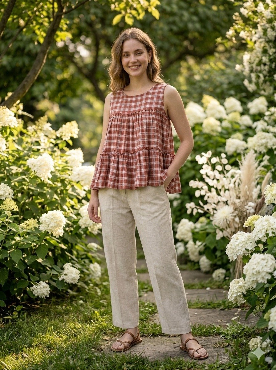 Lorenvalley Fashion Maroon Checks Linen Cotton Top Bottom Set