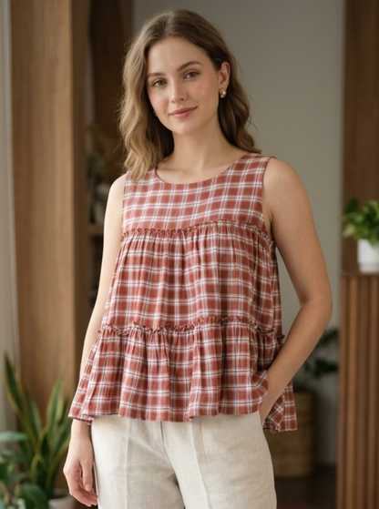 Lorenvalley Fashion Maroon Checks Linen Cotton Top Bottom Set