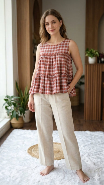 Lorenvalley Fashion Maroon Checks Linen Cotton Top Bottom Set