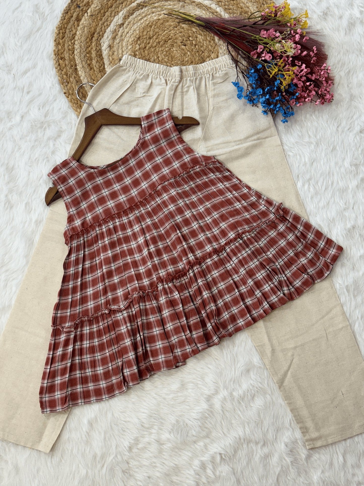 Lorenvalley Fashion Maroon Checks Linen Cotton Top Bottom Set